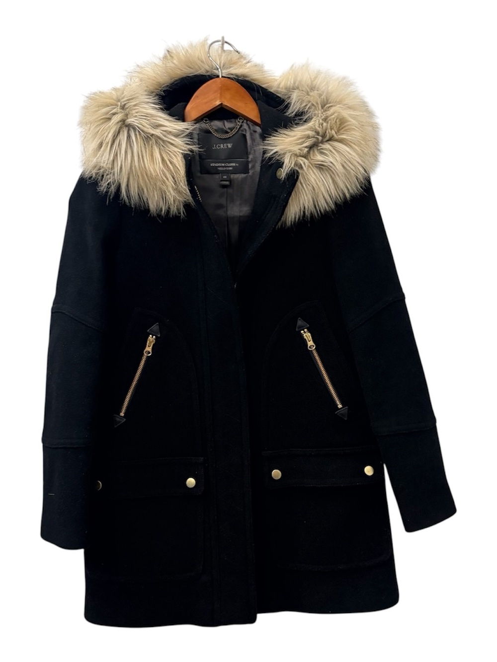 J. Crew Black Wool Coat with Faux Fur Hood STADIUM CLOTH by NELLO GOR Sz 00